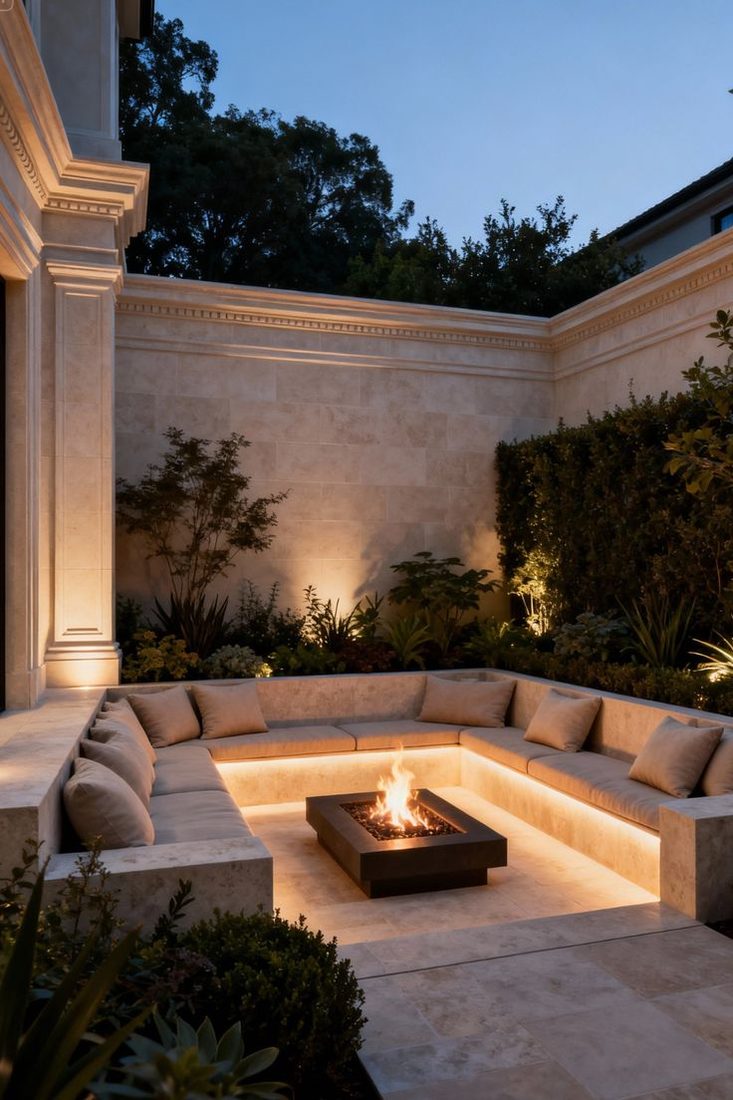 A bronze fire pit table set into a travertine courtyard with built-in bench seating at dusk.