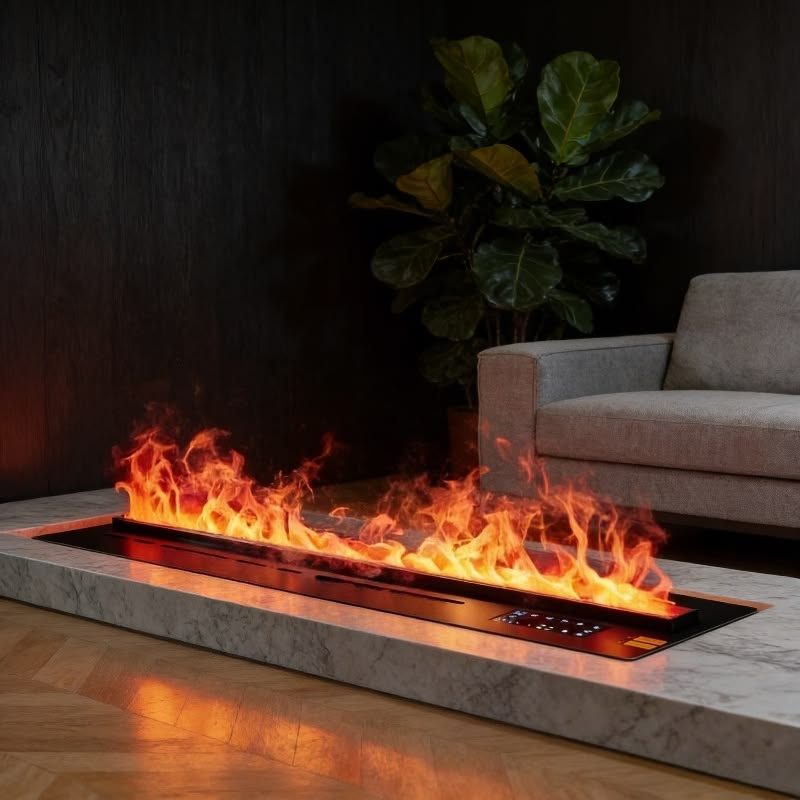 A water vapour burner in a marble plinth throwing a cool orange flame with no combustion.